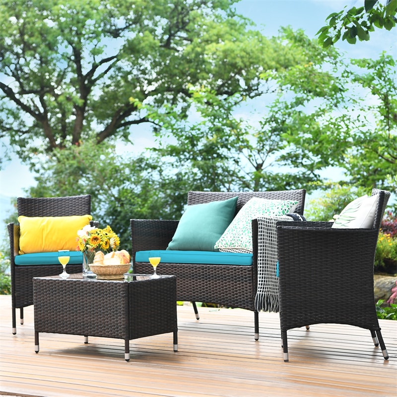 4 Piece Wicker Patio Conversation Set with Tempered Glass Coffee Table, Loveseat & Cushions, Outdoor Rattan Sofa Set for Backyard Lawn
