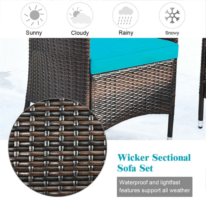 4 Piece Wicker Patio Conversation Set with Tempered Glass Coffee Table, Loveseat & Cushions, Outdoor Rattan Sofa Set for Backyard Lawn