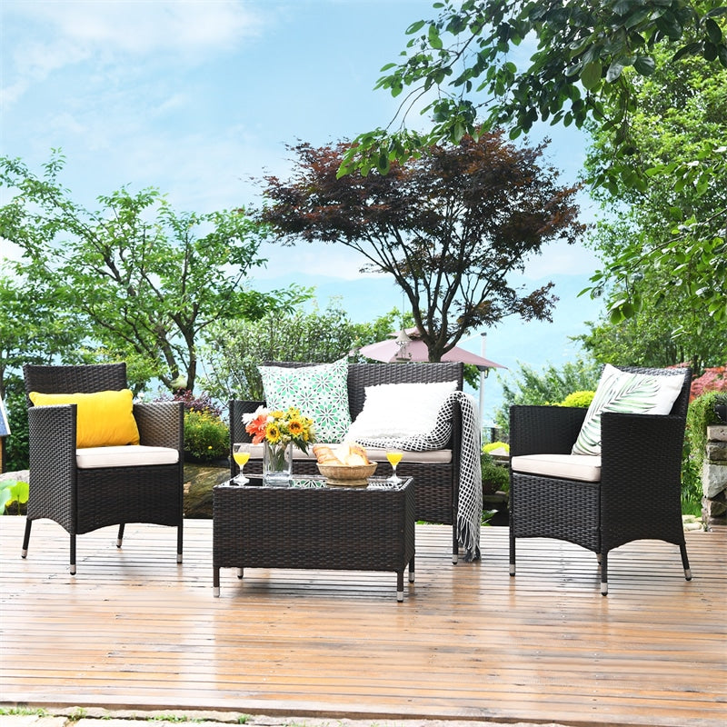 4 Piece Wicker Patio Conversation Set with Tempered Glass Coffee Table, Loveseat & Cushions, Outdoor Rattan Sofa Set for Backyard Lawn