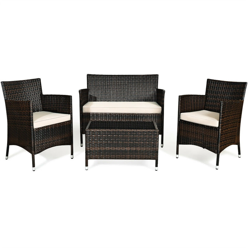 4 Piece Wicker Patio Conversation Set with Tempered Glass Coffee Table, Loveseat & Cushions, Outdoor Rattan Sofa Set for Backyard Lawn