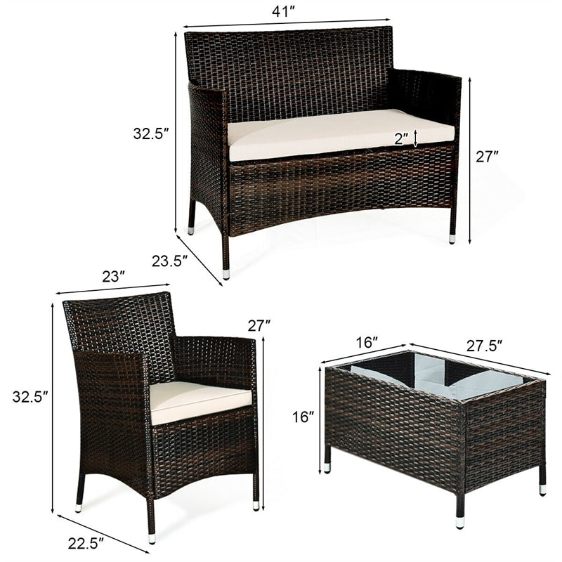 4 Piece Wicker Patio Conversation Set with Tempered Glass Coffee Table, Loveseat & Cushions, Outdoor Rattan Sofa Set for Backyard Lawn