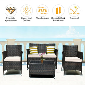 4 Piece Wicker Patio Conversation Set with Tempered Glass Coffee Table, Loveseat & Cushions, Outdoor Rattan Sofa Set for Backyard Lawn