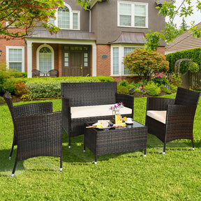 4 Piece Wicker Patio Conversation Set with Tempered Glass Coffee Table, Loveseat & Cushions, Outdoor Rattan Sofa Set for Backyard Lawn