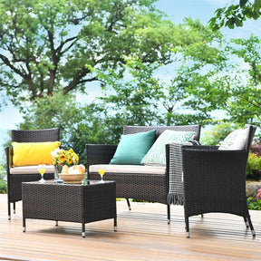 4 Piece Wicker Patio Conversation Set with Tempered Glass Coffee Table, Loveseat & Cushions, Outdoor Rattan Sofa Set for Backyard Lawn