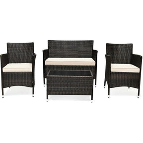 4 Piece Wicker Patio Conversation Set with Tempered Glass Coffee Table, Loveseat & Cushions, Outdoor Rattan Sofa Set for Backyard Lawn