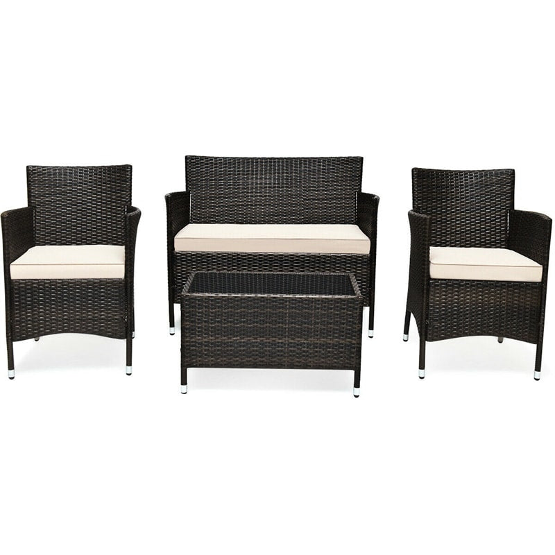 4 Piece Wicker Patio Conversation Set with Tempered Glass Coffee Table, Loveseat & Cushions, Outdoor Rattan Sofa Set for Backyard Lawn