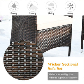 4 Piece Wicker Patio Conversation Set with Tempered Glass Coffee Table, Loveseat & Cushions, Outdoor Rattan Sofa Set for Backyard Lawn