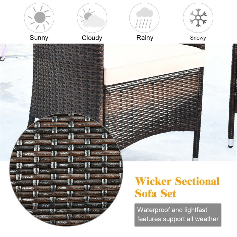 4 Piece Wicker Patio Conversation Set with Tempered Glass Coffee Table, Loveseat & Cushions, Outdoor Rattan Sofa Set for Backyard Lawn