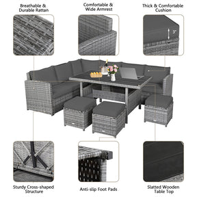 7 Pcs Rattan Patio Dining Furniture Sectional Sofa Set with Dining Table, Ottomans & Cushions