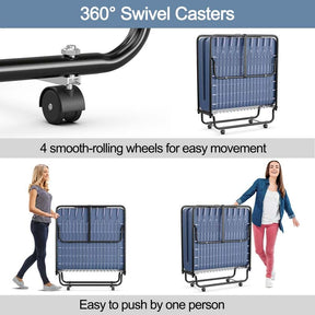 Twin Folding Bed w/ 5" Memory Foam Mattress, Portable Rollaway Guest Bed on Wheels, Heavy Duty Steel Frame, Space-Saving Design, Made in Italy