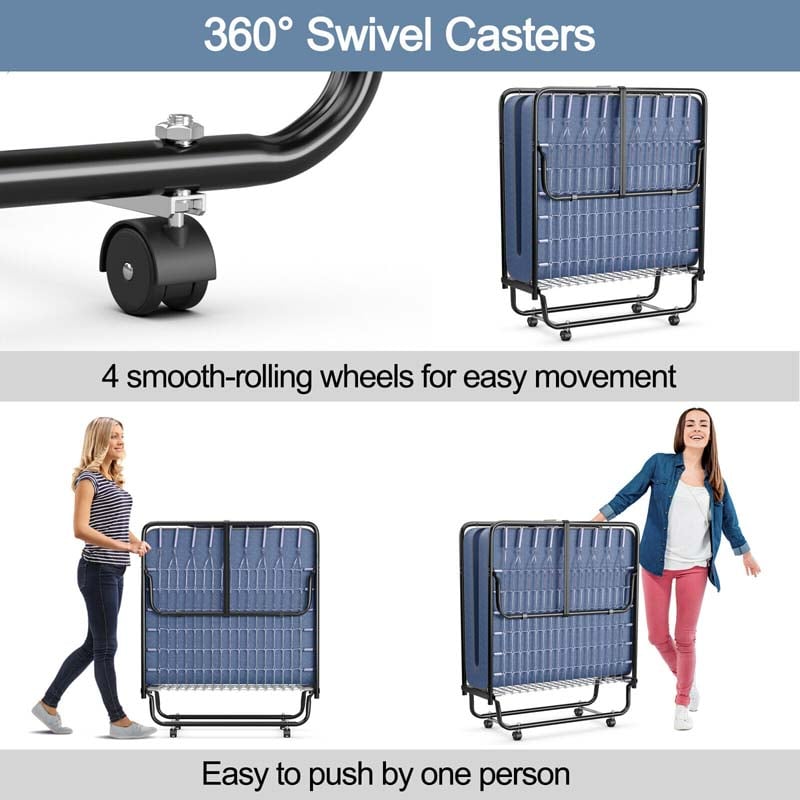 Twin Folding Bed w/ 5" Memory Foam Mattress, Portable Rollaway Guest Bed on Wheels, Heavy Duty Steel Frame, Space-Saving Design, Made in Italy