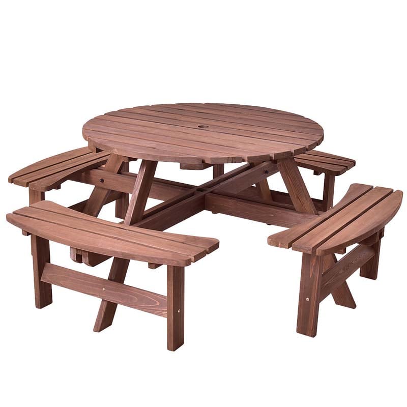 8-Person Outdoor Fir Wood Round Picnic Table with 4 Built-in Benches & Umbrella Hole, 2200LBS Capacity All-Weather Patio Dining Set for Garden Yard