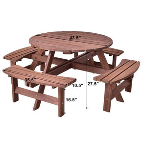 8-Person Outdoor Fir Wood Round Picnic Table with 4 Built-in Benches & Umbrella Hole, 2200LBS Capacity All-Weather Patio Dining Set for Garden Yard