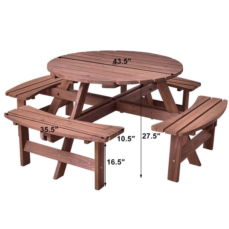 8-Person Outdoor Fir Wood Round Picnic Table with 4 Built-in Benches & Umbrella Hole, 2200LBS Capacity All-Weather Patio Dining Set for Garden Yard