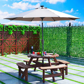 8-Person Outdoor Fir Wood Round Picnic Table with 4 Built-in Benches & Umbrella Hole, 2200LBS Capacity All-Weather Patio Dining Set for Garden Yard