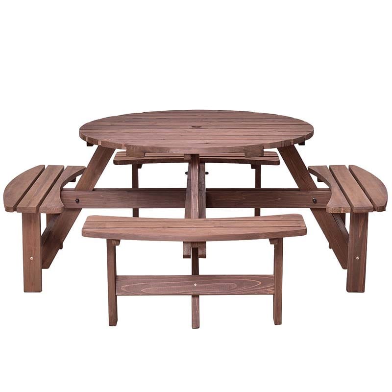8-Person Outdoor Fir Wood Round Picnic Table with 4 Built-in Benches & Umbrella Hole, 2200LBS Capacity All-Weather Patio Dining Set for Garden Yard