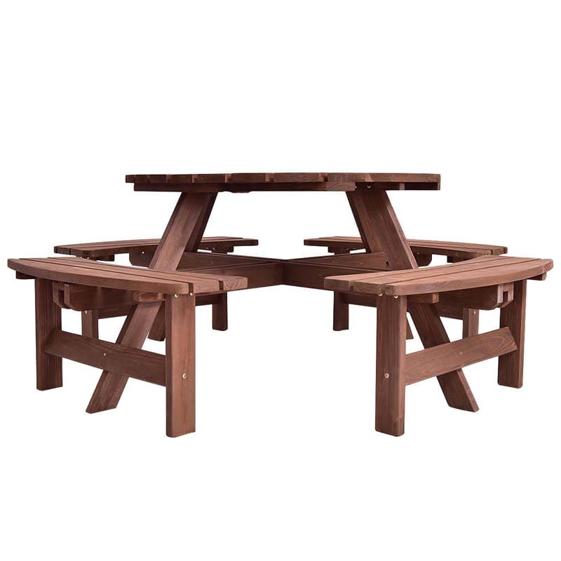8-Person Outdoor Fir Wood Round Picnic Table with 4 Built-in Benches & Umbrella Hole, 2200LBS Capacity All-Weather Patio Dining Set for Garden Yard