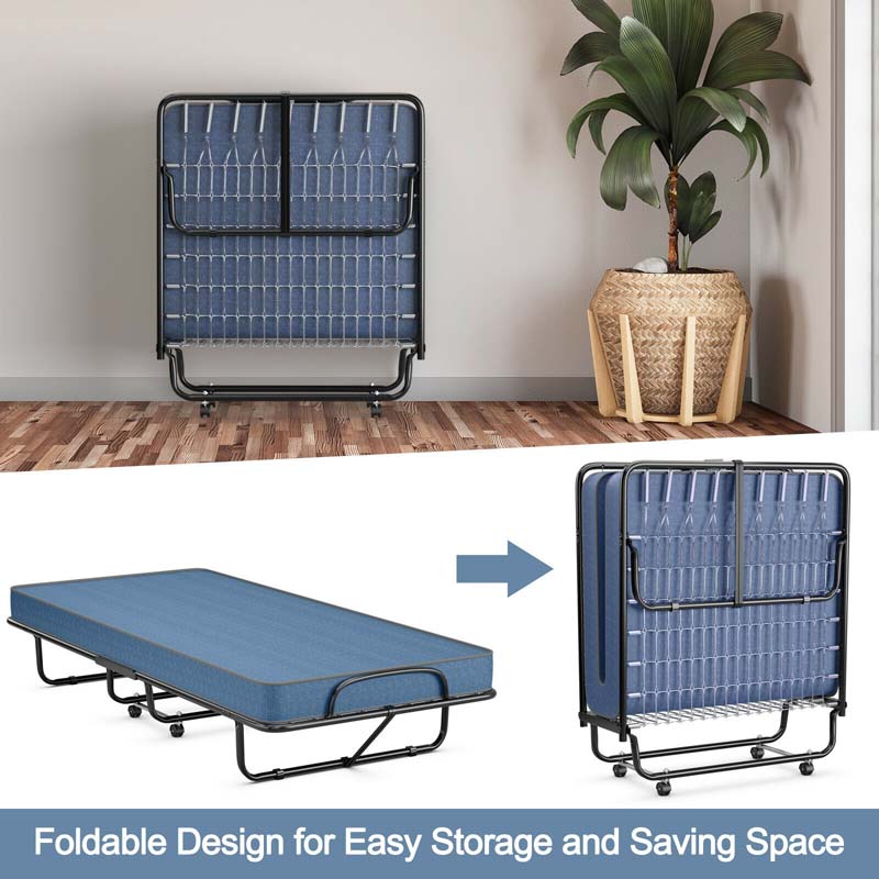 Twin Folding Bed w/ 5" Memory Foam Mattress, Portable Rollaway Guest Bed on Wheels, Heavy Duty Steel Frame, Space-Saving Design, Made in Italy