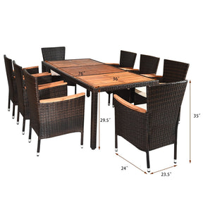 9 Piece Rattan Patio Dining Set with Acacia Wood Tabletop & Cushioned Stackable Armchairs