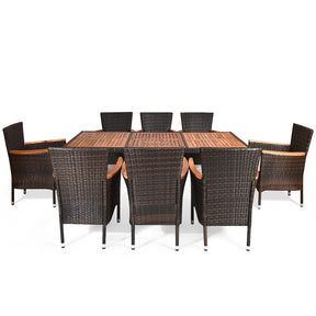 9 Piece Rattan Patio Dining Set with Acacia Wood Tabletop & Cushioned Stackable Armchairs