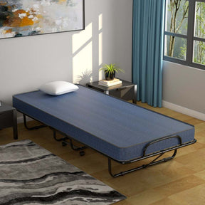 Twin Folding Bed w/ 5" Memory Foam Mattress, Portable Rollaway Guest Bed on Wheels, Heavy Duty Steel Frame, Space-Saving Design, Made in Italy