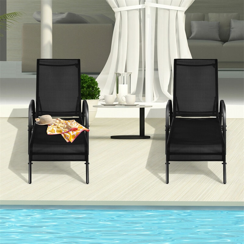 2 PCS Outdoor Chaise Lounges, 5-Position Adjustable Patio Reclining Chairs w/ Armrests, Heavy Duty Steel Sun Loungers for Pool, Yard, Beach
