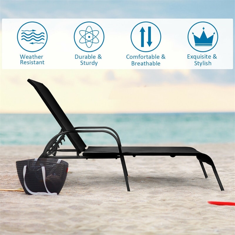 2 PCS Outdoor Chaise Lounges, 5-Position Adjustable Patio Reclining Chairs w/ Armrests, Heavy Duty Steel Sun Loungers for Pool, Yard, Beach