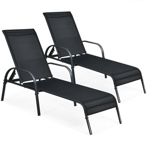 2 PCS Outdoor Chaise Lounges, 5-Position Adjustable Patio Reclining Chairs w/ Armrests, Heavy Duty Steel Sun Loungers for Pool, Yard, Beach