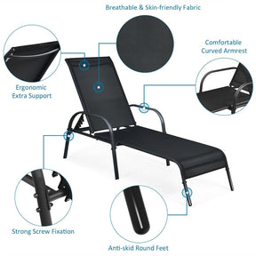 2 PCS Outdoor Chaise Lounges, 5-Position Adjustable Patio Reclining Chairs w/ Armrests, Heavy Duty Steel Sun Loungers for Pool, Yard, Beach
