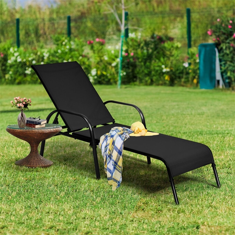 2 PCS Outdoor Chaise Lounges, 5-Position Adjustable Patio Reclining Chairs w/ Armrests, Heavy Duty Steel Sun Loungers for Pool, Yard, Beach