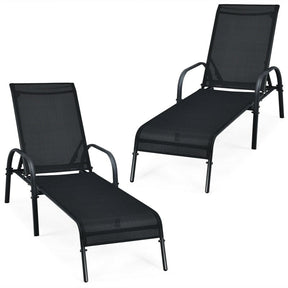 2 PCS Outdoor Chaise Lounges, 5-Position Adjustable Patio Reclining Chairs w/ Armrests, Heavy Duty Steel Sun Loungers for Pool, Yard, Beach