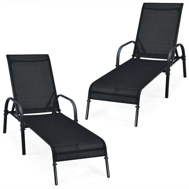 2 PCS Outdoor Chaise Lounges, 5-Position Adjustable Patio Reclining Chairs w/ Armrests, Heavy Duty Steel Sun Loungers for Pool, Yard, Beach