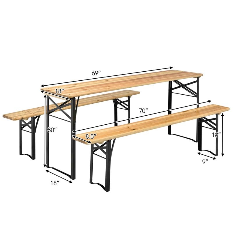3 Pcs Folding Picnic Table Bench Set, 70" Portable Beer Table with Seating Set, Wooden Top Outdoor Dining Table Set