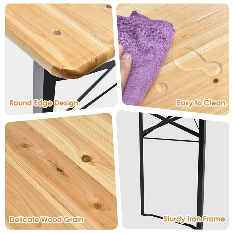 3 Pcs Folding Picnic Table Bench Set, 70" Portable Beer Table with Seating Set, Wooden Top Outdoor Dining Table Set