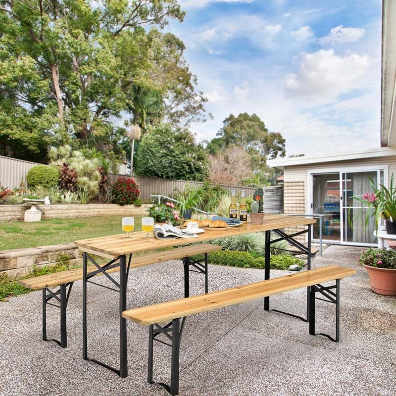 3 Pcs Folding Picnic Table Bench Set, 70" Portable Beer Table with Seating Set, Wooden Top Outdoor Dining Table Set