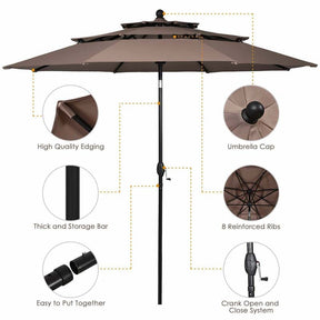 10FT 3 Tier Patio Market Umbrella with Crank & Easy Tilt, Double Vented Outdoor Table Umbrella for Backyard, Poolside, Deck,