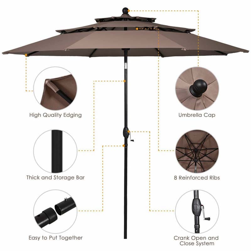 10FT 3 Tier Patio Market Umbrella with Crank & Easy Tilt, Double Vented Outdoor Table Umbrella for Backyard, Poolside, Deck,