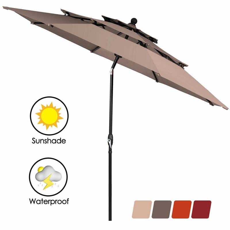 10FT 3 Tier Patio Market Umbrella with Crank & Easy Tilt, Double Vented Outdoor Table Umbrella for Backyard, Poolside, Deck,