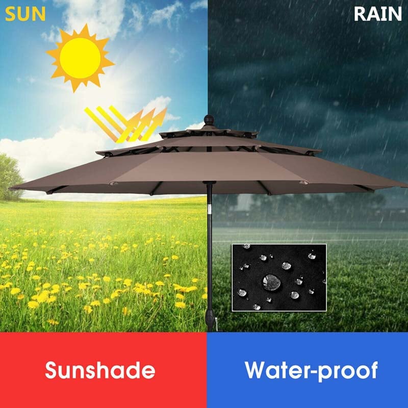 10FT 3 Tier Patio Market Umbrella with Crank & Easy Tilt, Double Vented Outdoor Table Umbrella for Backyard, Poolside, Deck,