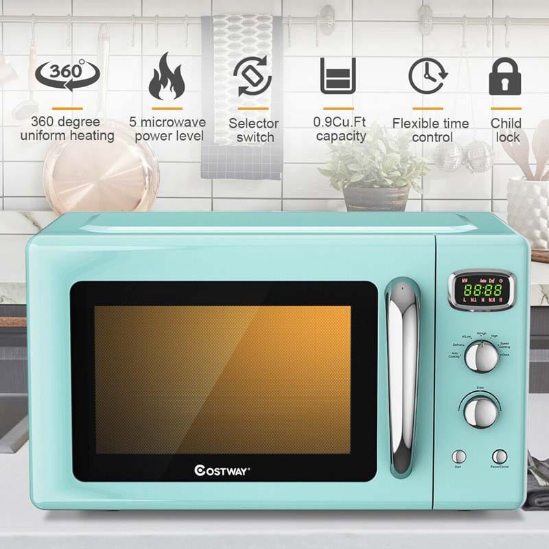 0.9Cu.ft Retro Countertop Microwave Oven 900W with Defrost & Auto Cooking Function, Glass Turntable