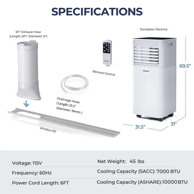 10000 BTU Portable Air Conditioner, 3-in-1 AC Unit Cooler w/ Dehumidifier & Fan for Room up to 350 Sq.Ft, Remote Control, 24H Timer, Window Kit