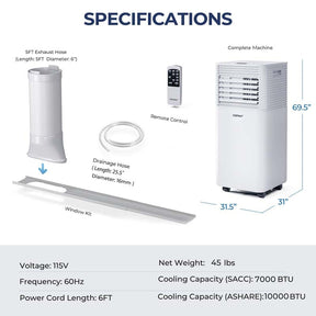 10000 BTU Portable Air Conditioner, 3-in-1 AC Unit Cooler w/ Dehumidifier & Fan for Room up to 350 Sq.Ft, Remote Control, 24H Timer, Window Kit