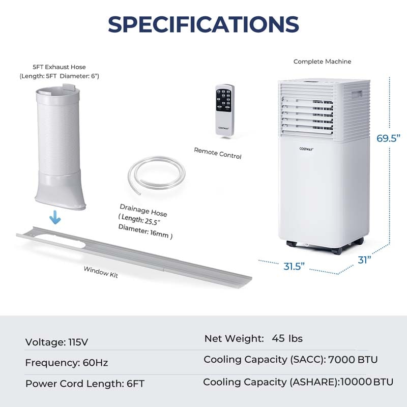 10000 BTU Portable Air Conditioner, 3-in-1 AC Unit Cooler w/ Dehumidifier & Fan for Room up to 350 Sq.Ft, Remote Control, 24H Timer, Window Kit