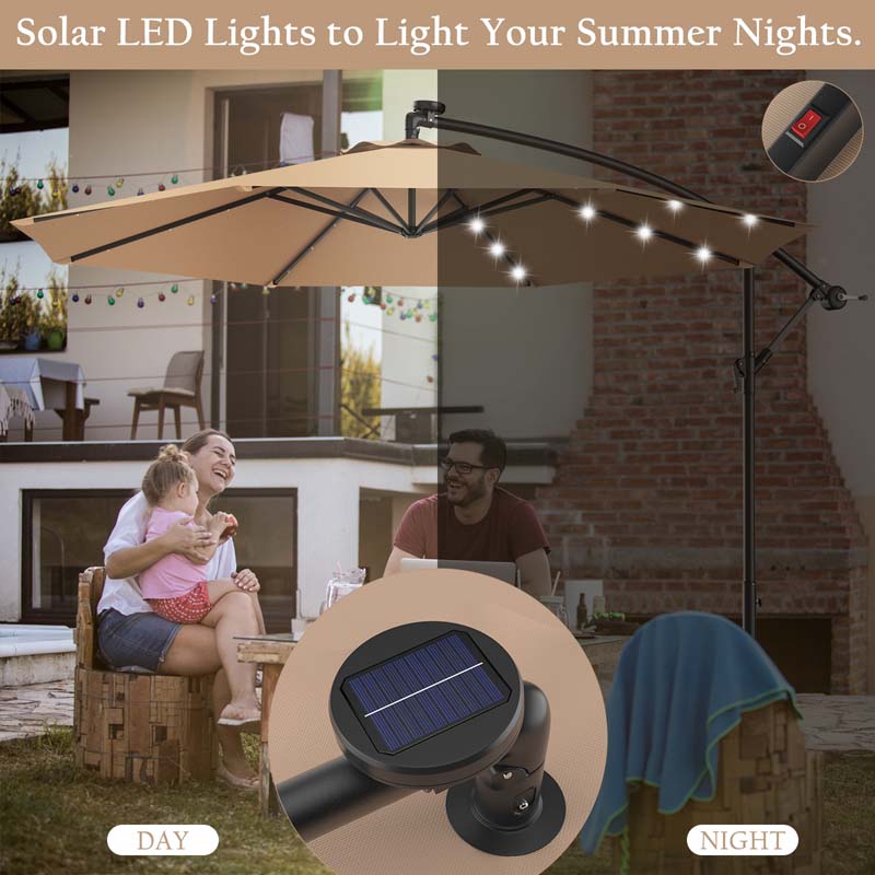 10FT Offset Patio Umbrella with 40 Solar LED Lights & Cross Base, Large Outdoor Cantilever Umbrella for Sun Rain