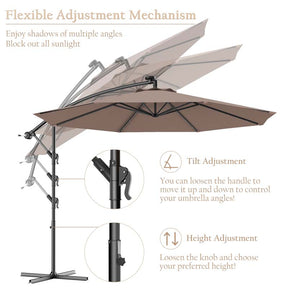 10FT Offset Patio Umbrella with 40 Solar LED Lights & Cross Base, Large Outdoor Cantilever Umbrella for Sun Rain