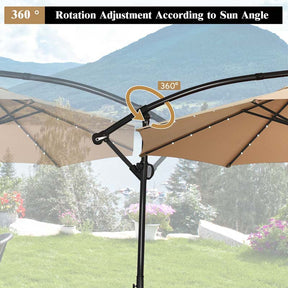10FT Solar LED Offset Cantilever Umbrella, 360° Rotation Outdoor Patio Market Umbrella with Tilt Adjustment, Cross Base & Crank Handle