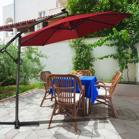 10FT Solar LED Offset Cantilever Umbrella, 360° Rotation Outdoor Patio Market Umbrella with Tilt Adjustment, Cross Base & Crank Handle