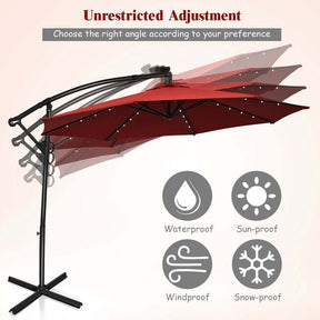 10FT Solar LED Offset Cantilever Umbrella, 360° Rotation Outdoor Patio Market Umbrella with Tilt Adjustment, Cross Base & Crank Handle