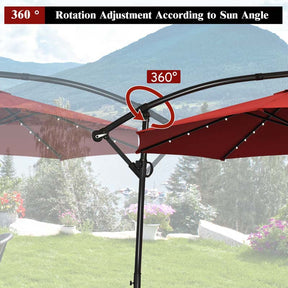 10FT Solar LED Offset Cantilever Umbrella, 360° Rotation Outdoor Patio Market Umbrella with Tilt Adjustment, Cross Base & Crank Handle