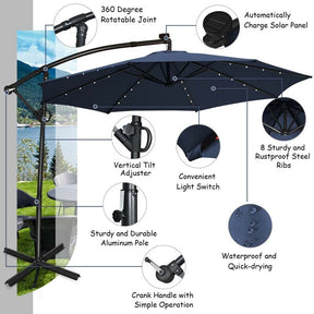 10FT Solar LED Offset Cantilever Umbrella, 360° Rotation Outdoor Patio Market Umbrella with Tilt Adjustment, Cross Base & Crank Handle